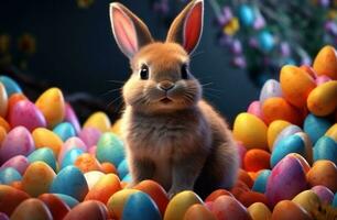 AI generated the little bunny is sitting among many coloured eggs, photo