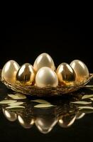 AI generated several gold striped easter eggs on the table with white background, photo