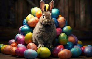 ai generado el pequeño conejito es sentado entre muchos de colores huevos, foto