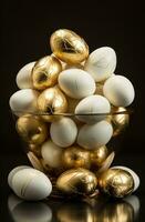 AI generated several gold striped easter eggs on the table with white background, photo