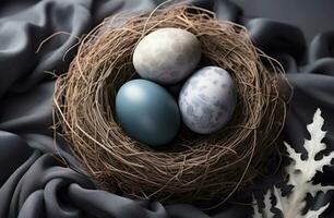 AI generated three easter eggs in a nest on grey background, photo