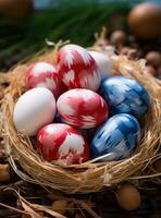 AI generated red, white and blue easter eggs, photo