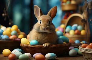 AI generated rabbit sitting near easter baskets with easter eggs, photo