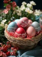 AI generated red dyed easter eggs in basket with greenery, photo