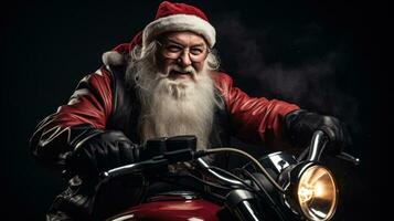 ai generado Papa Noel en moto con grande malo. foto