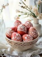 AI generated red dyed easter eggs in basket with greenery, photo