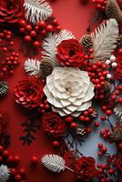 AI generated red background with holly leaves and berries photo