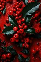 AI generated red background with holly leaves and berries photo