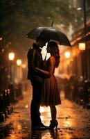 AI generated romantic couple holding an umbrella on the street, photo