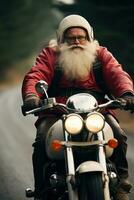 ai generado Papa Noel en moto con grande malo. foto