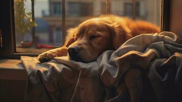 AI generated Generative AI, cute dog sleeping on cozy warm blanket near the window, hygge style photo