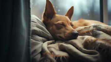 AI generated Generative AI, cute dog sleeping on cozy warm blanket near the window, hygge style photo