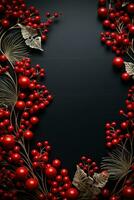 AI generated holiday conifers and holly around red paper background, photo