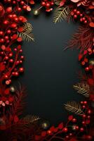 AI generated holiday conifers and holly around red paper background, photo
