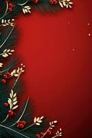 AI generated holiday conifers and holly around red paper background, photo