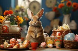 AI generated rabbit sitting near easter baskets with easter eggs, photo