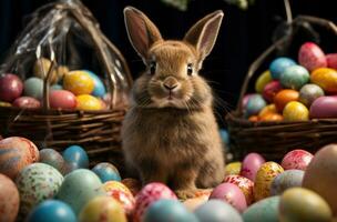 ai generado Conejo sentado cerca Pascua de Resurrección cestas con Pascua de Resurrección huevos, foto