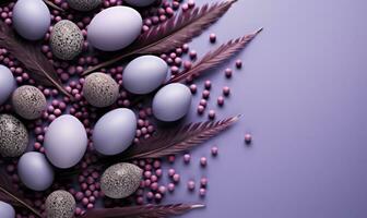 AI generated lavender background with blue eggs and lavender, photo