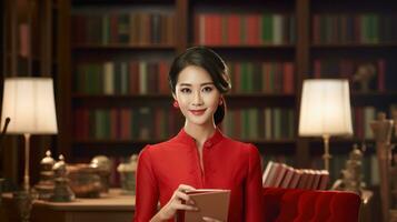 ai generado Moda fotografía retrato, chino hembra profesor vistiendo ligero rojo chino foto