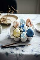 AI generated easter kit of eggs with colors and stickers on table, photo