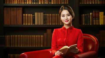 AI generated Fashion photography portrait, Chinese female teacher wearing light red Chinese photo