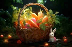 AI generated easter eggs and carrots in basket, photo