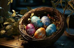 AI generated easter eggs and spring flowers in a basket, photo