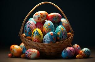 AI generated easter eggs in a basket, photo