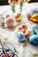 AI generated easter kit of eggs with colors and stickers on table, photo