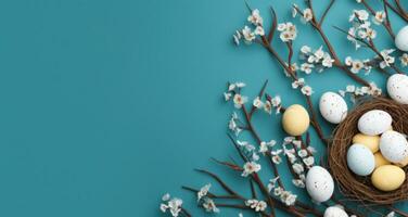AI generated easter eggs and painted branches in basket over blue background, photo