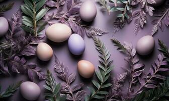 AI generated easter egg, lavender plant and leaves background, photo