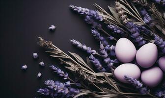 AI generated easter egg, lavender plant and leaves background, photo