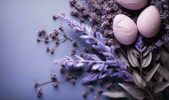 AI generated easter egg, lavender plant and leaves background, photo