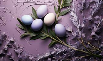 AI generated easter egg, lavender plant and leaves background, photo