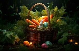 AI generated easter eggs and carrots in basket, photo