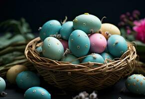 AI generated colorful wicker basket with Easter eggs inside for springEaster photo