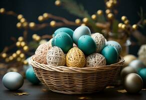 AI generated colorful wicker basket with Easter eggs inside for springEaster photo