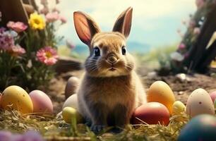 AI generated cute bunny with colored eggs that are gathered on the ground, photo