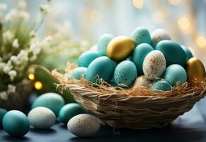 AI generated colorful wicker basket with Easter eggs inside for springEaster photo