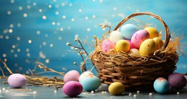 AI generated colorful wicker basket with Easter eggs inside for springEaster photo
