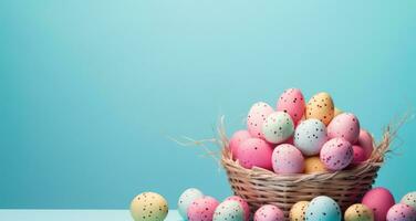 AI generated colourful painted eggs in basket on a blue background, photo