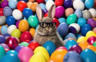 AI generated bunny in glasses standing amongst tons of colored easter eggs, photo