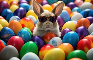 AI generated bunny in glasses standing amongst tons of colored easter eggs, photo