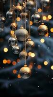 AI generated christmas baubles with lights hanging from a tree, photo