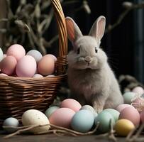 AI generated an easter bunny sits near a basket of eggs, photo