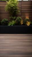 AI generated minimalist garden design with a striking wooden deck photo