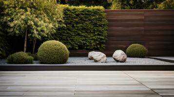 ai generado minimalista jardín diseño con un sorprendentes de madera cubierta foto