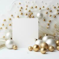 AI generated white and gold christmas holiday card, photo