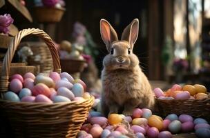 ai generado un marrón Conejo es sentado cerca cestas y otro Pascua de Resurrección de colores huevos, foto