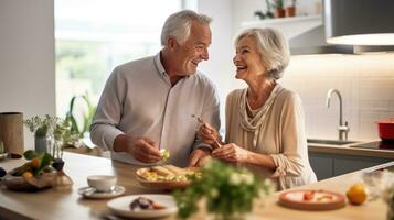 AI generated elderly couple cooking breakfast together in their spacious kitchen. photo